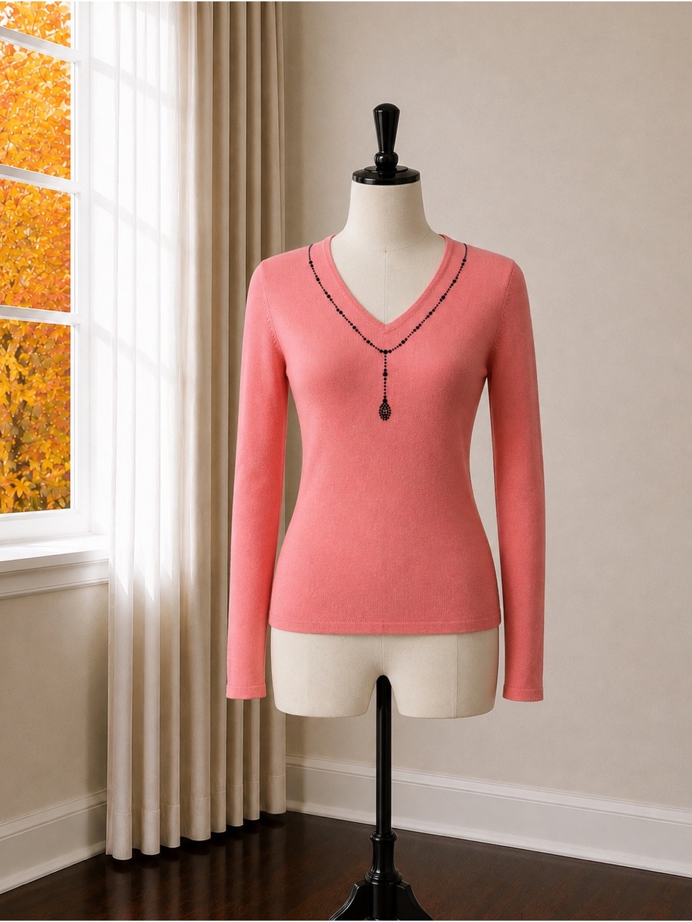 Women’s Pink V-Neck Sweater with Embellished Neckline